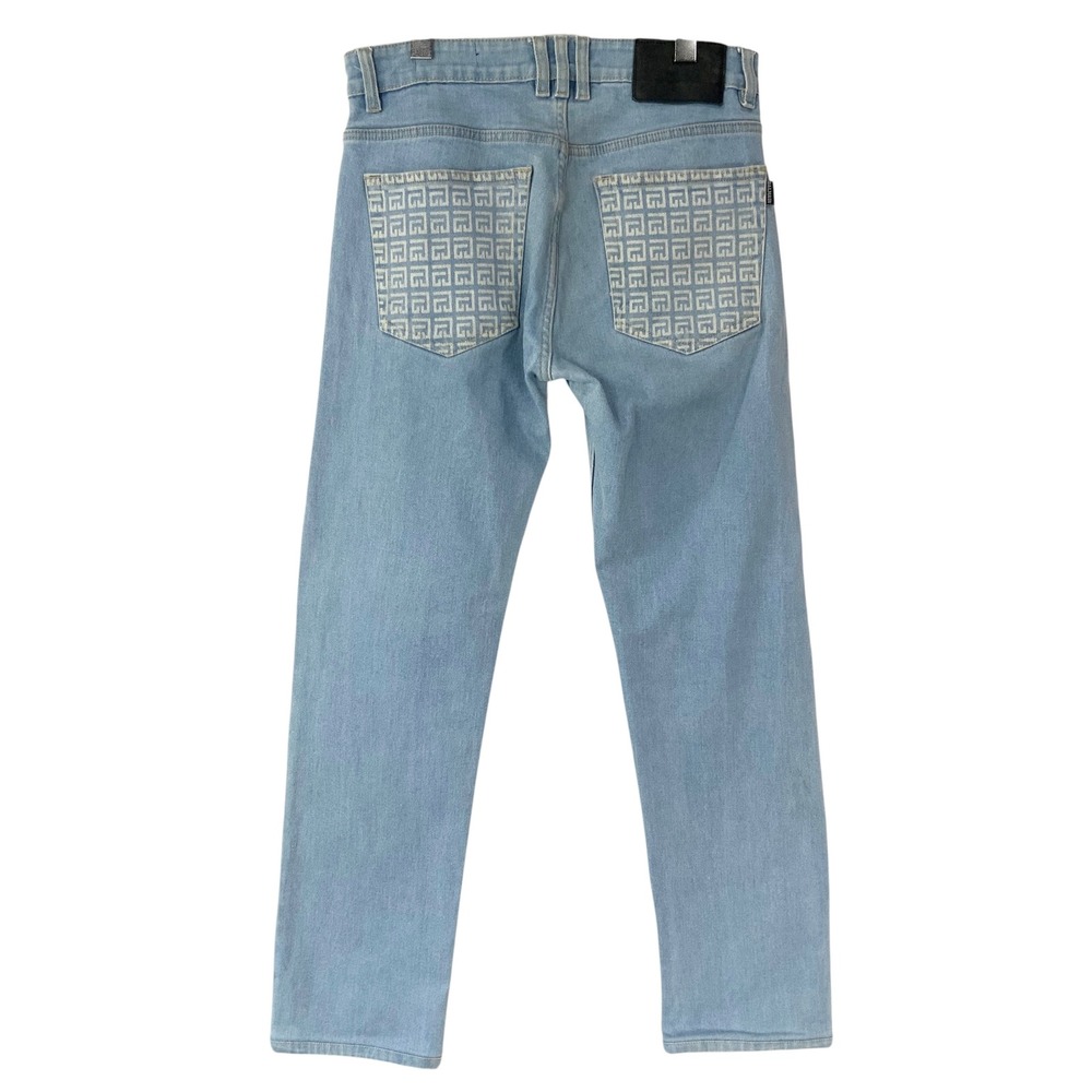 Balmain Light Blue Jeans 32 Button Zip Mid Rise Straight Monogram Back Pockets - Picture 3 of 10